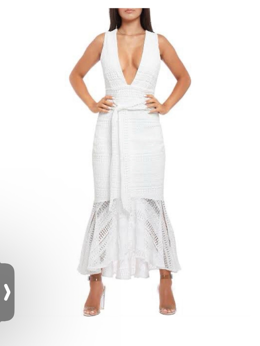 Sleeveless White Crochet Maxi Dress with Deep V and Waist Tie